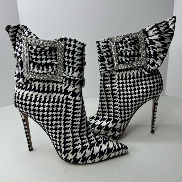 Alexandre Vauthier Yasmin Satin Buckle Plaid Houndstooth Booties Heels 38/ 8 - Picture 6 of 12